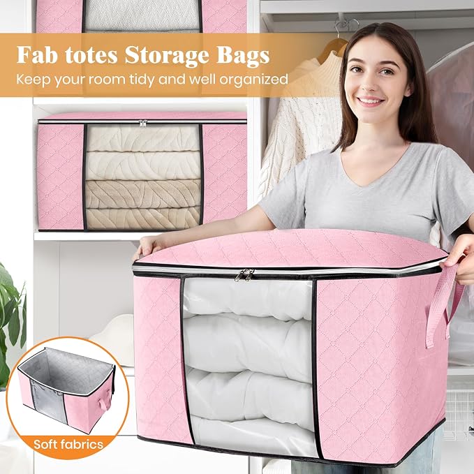 90L Clothes Storage, Foldable Thick Fabric Blanket Storage Bags | Foldable Containers with Zippers,Window and Handles for Organizing Bedroom, Closet, Comforter, Bedding,Dorm essentials