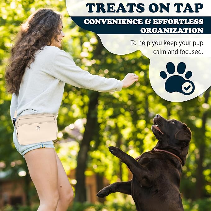 Puppington 3-in-1 Crossbody Dog Treat Pouch for Pet Training - Compostable Poop Bags, Built-In Poop Bag Dispenser, Slow-Feeding Travel Dog Bowl & Reflective Leash - Dog Walking Bag (Vanilla Cream)