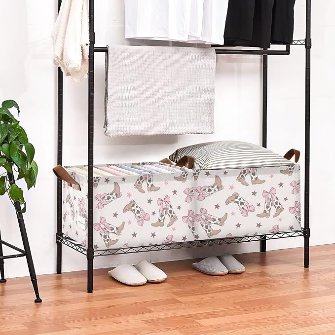 Western Cowgirl Boot with Coquette Bow Storage Basket Foldable Cube Storage Bins with Handles&Label Collapsible Organizer Box Bin Rectangle Decorative Baskets for Shelves Home Living Room Closet
