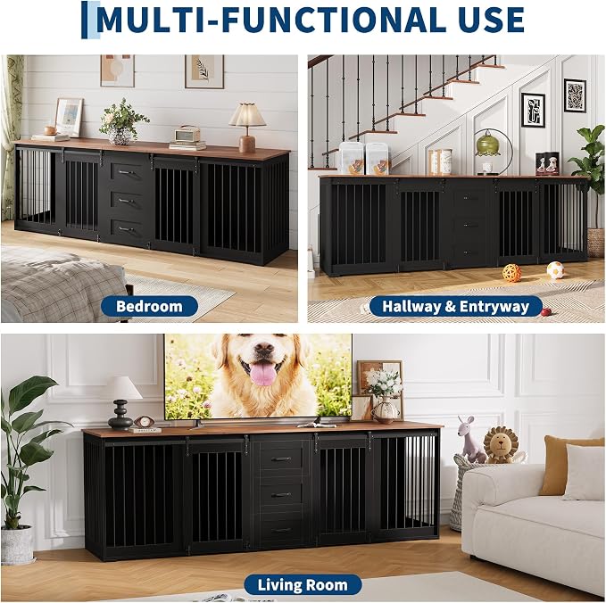 95" Large Dog Crate Furniture for 2 Dogs, Farmhouse Wooden Dog Kennel with 3 Storage Drawers, Heavy Duty Furniture Style TV Stand with Sliding Barn Doors
