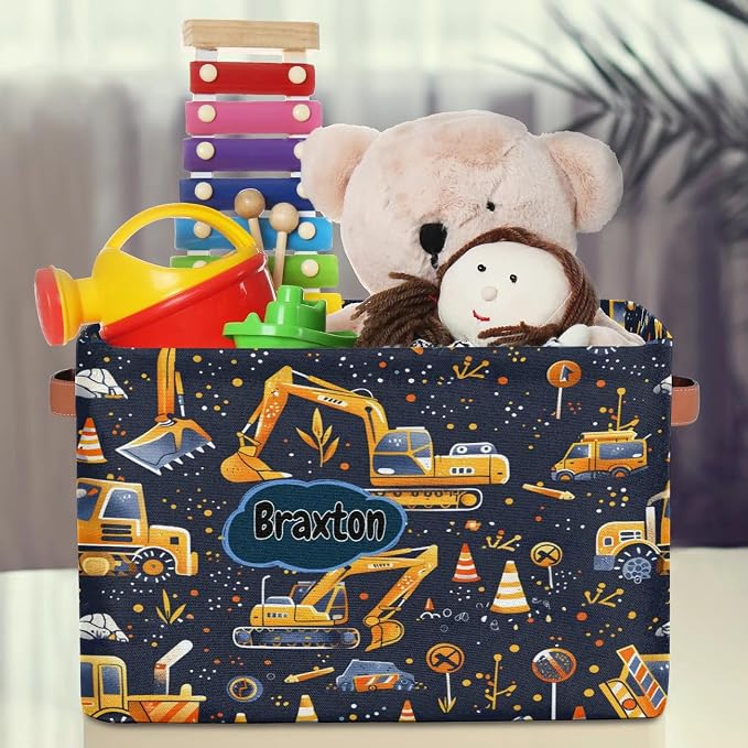 Custom Rectangular Baby Storage Basket, Kids Toys Bin, Books Shelf Basket, Clothes Towel Storage Bin for Nursery, Gift Basket, Pet Basket, Excavator Work Zone Construction