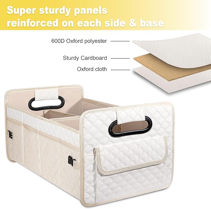 JiatuA Car Trunk Organizer for SUV, Car Storage Organizer Collapsible Multi Compartment Container Box Adjustable Car Accessories for Women Men, Beige | Sturdy, Large Capacity, Diamond Decor, Multi Compartment Container Box Adjustable Car Accessories fo...