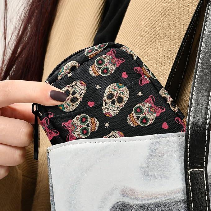 Fustylead Mexican Sugar Skull Wear Bow Tie and Hearts Stars Travel Pill Organizer Bag with Zipper Small Pill Box 7 Day Pill Case for Purse Storage Weekly Vitamin Medicine Supplement