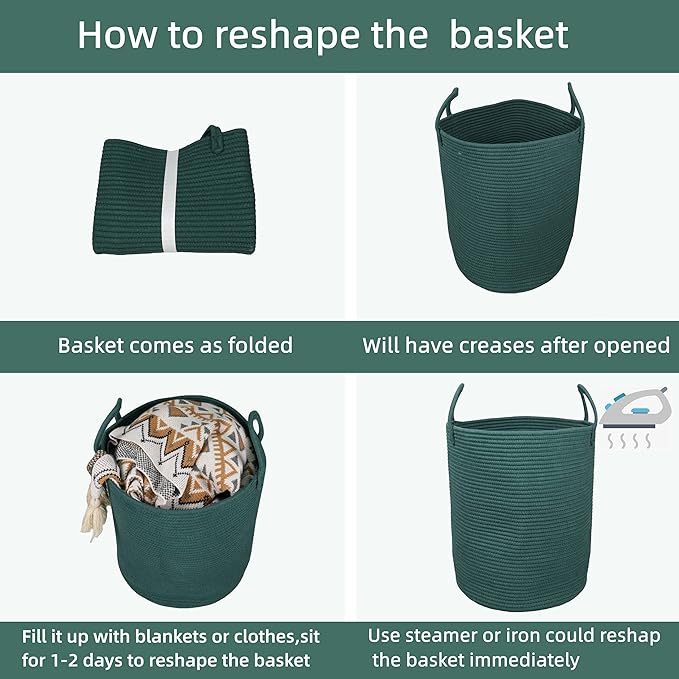 Woven Cotton Rope Laundry Basket, 15x20 Laundry Hamper, Dark Green | Rope storage basket for dirty clothes, toys and blankets. Perfect for bathroom, baby nursery and living room storage.
