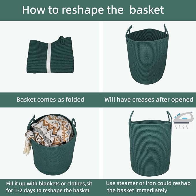 XUANGUO Cotton Rope Laundry Basket Hamper for Clothes Large Dark Green | Baby Nursery Hamper Bin and Woven Storage Basket for Living Room Bedroom Boho Tall Rope Baskets Blankets Toys Pillows Towels