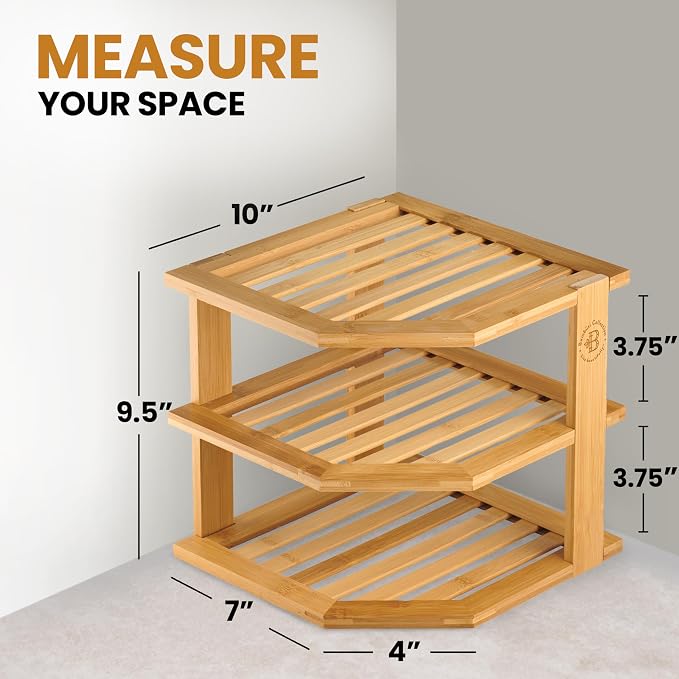 Bambüsi Kitchen Cabinet Organizer, Corner Plate Organizer for Cabinet | 3-Tier Bamboo Corner Shelf Rack, Holds Plates Bowls Mugs Cups, Space Saving Dish Storage Organization, Easy Assembly