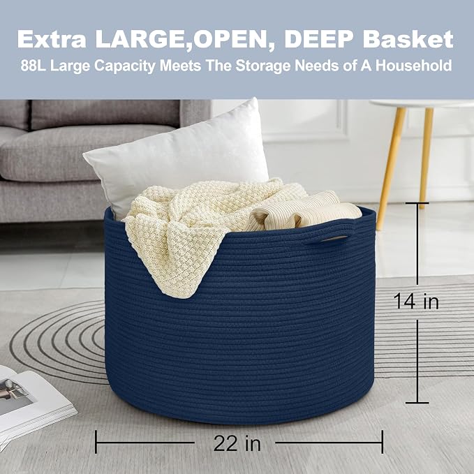Dark Blue Basket for Organizing, 22" x 14" Extra Large Woven Cotton Rope Laundry Basket, Blanket Storage for Living Room Bedroom, Big Nursery Kids Toy Box Organizer, Pool Towel Storage Bin