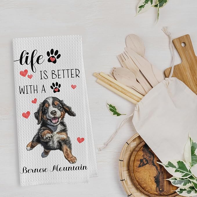Bernese Mountain Dog Dish Towels - Funny Bernese Mountain Dog Waffle Weave Kitchen Towels, Gifts for Bernese Mountain Dog Lovers (16×24 Inches Set of 2)