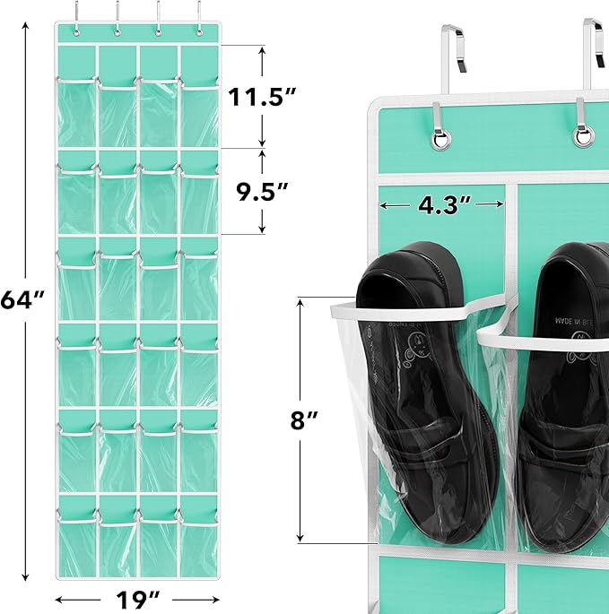 Simple Houseware 24 Pockets Clear Over the Door Shoe Organizer, Turquoise | 64" x 19", 4 Durable Metal Hooks, 4.3" x 9.5" Pocket Size, Multipurpose