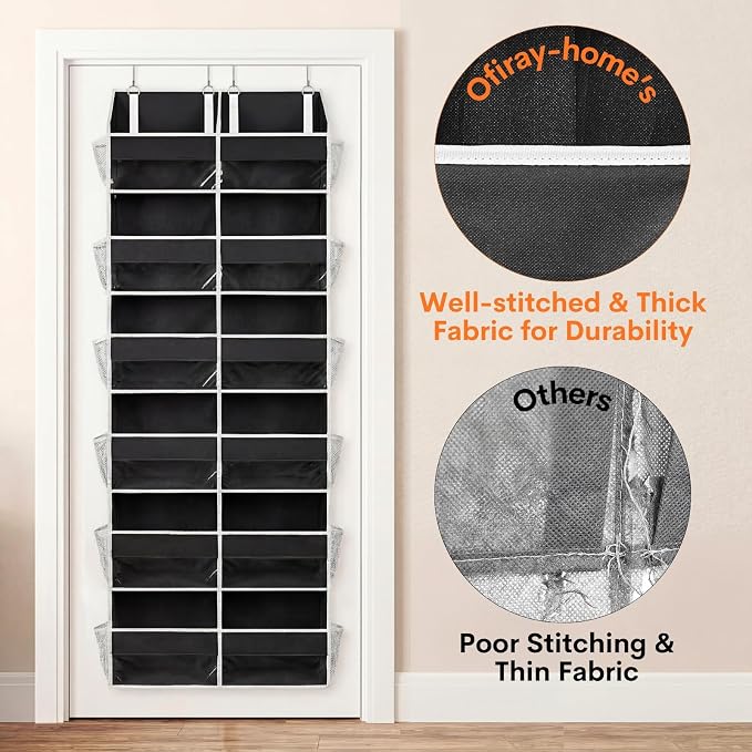 Over The Door Organizer 6 Tiers, Extra Large Behind Door Storage of 12 Compartments, 80 lbs Weight Capacity Hanging Storage Organizer with Clear Window Kids Toys, Shoes, Diapers, Room Storage,Black