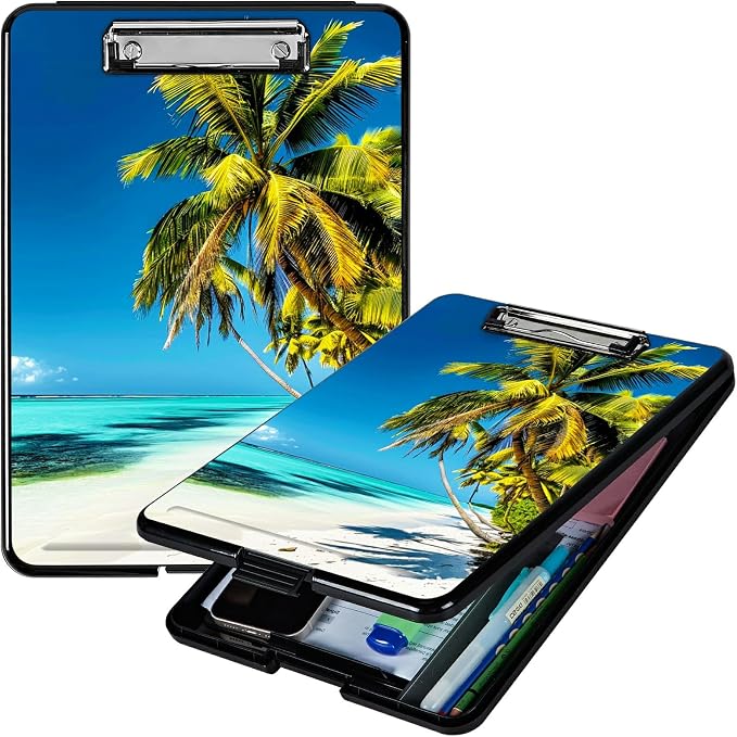 Blue Beach Palm Tree A4 Clipboard with Storage Pen Holder, Clipboards Organizer Nursing Clipboard Foldable File Folder Plastic Clipboard Folio Clip Board for Office Students Classroom