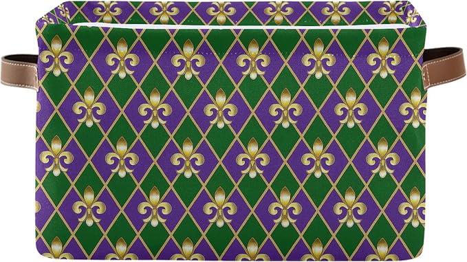 Happy Mardi Gras Green Purple Storage Basket with Waterproof Liner and PU Handles Fleur de Lis Buffalo Plaid Storage Bins Boxes 14.2" Collapsible Decorative Organizer Baskets for Bedroom Office 1 Pack