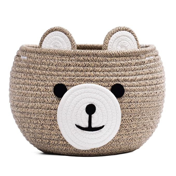 CherryNow Baby Basket for Gifts Empty, Cute Bear Design, Light Brown | 10.5" x 8.5" Baby Shower Basket for Kids Boys Newborn Storage, Toy Basket for Living Room Nursery Décor, Soft Cotton Rope