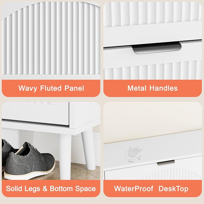 Shoe Storage Cabinet with 6 Flip Drawers, Narrow Wood Shoe Organizer Cabinet with Fluted Panel, Slim Shoe Rack for Entryway, Freestanding Shoe Cabinet for Living Room, Hallway, White