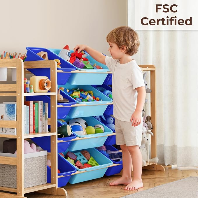 Toy Storage Organizer with Bookshelf and Stuffed Animal Storage - Kids Playroom Organization with Shelves and 12 Toy Bins - Toddler Living Room Toy Box for Lego - Nursery Bedroom Decor Essential