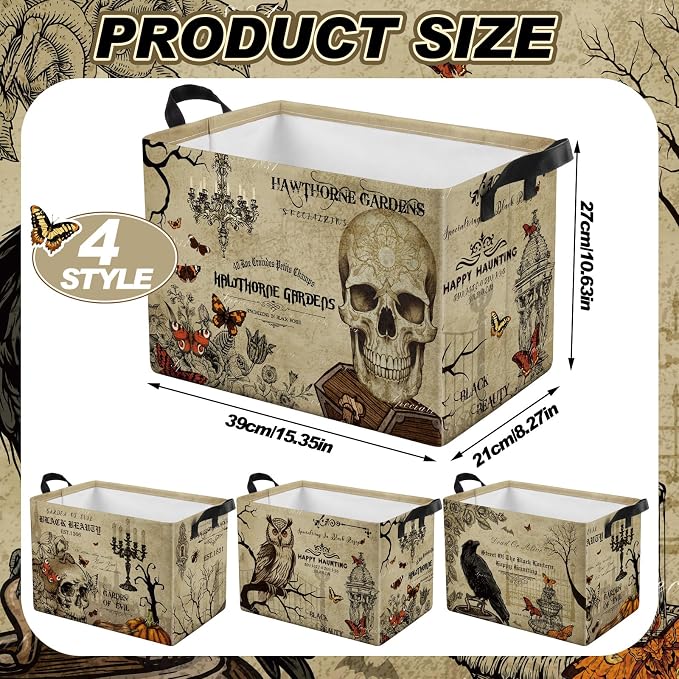 4 Pcs Vintage Halloween Storage Basket for Gifts Large Retro Gothic Themed Storage Bins with Handles 15 x 10 x 8 Fabric Laundry Baskets Halloween Collapsible Organizer Boxes for Home Cloth Toy