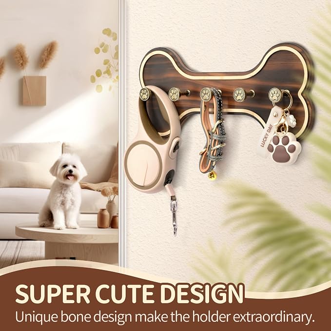 MTERSN Dog Leash Holder Wall Mount with Bone Shape, Entryway, Retro Brown