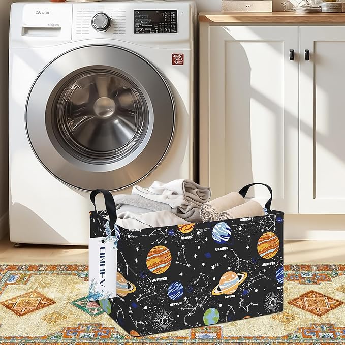 Rectangular Solar System Planet Storage Bin, Closet Organizer Basket | Moisture repellent textile, reinforced carry grips, collapsible holder tidies cabinet and teenage bedroom belongings