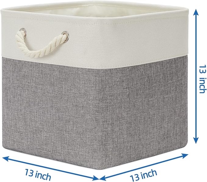 Temary Fabric Baskets 13 Inch Cube Storage Baskets with Rope Handle, Storage Cube Bins Clothes Basket for Gift, Large Storage Bins for Storage Books, Blankets (White&Gray)