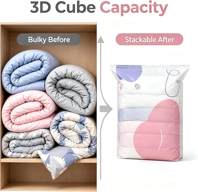 Pump storage bags 3 Pcs Large Cube Compression Space Saver Bags | upright PET+PE compression bags for clothes comforters and blankets; reinforced base double zip seal reusable