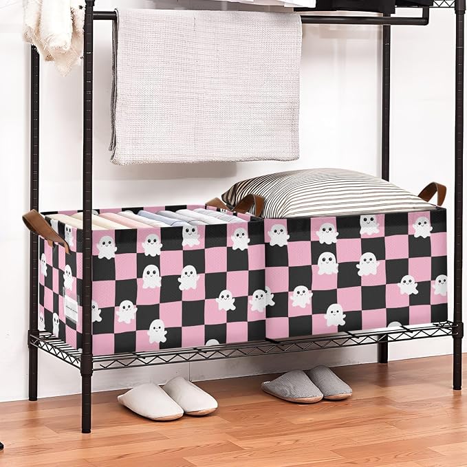 Pink and Black Checkered Ghost Storage Basket Foldable Cube Storage Bins with Handles&Label Waterproof Organizer Box Bin Large Rectangle Decorative Baskets for Shelves Home Room Laundry, 2 Pack