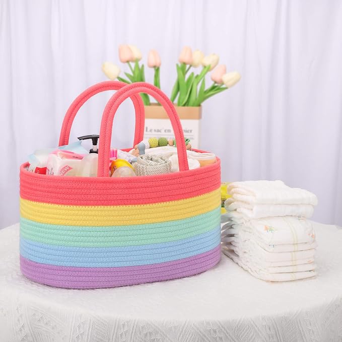 COMSE Large Cotton Rope Baby Diaper Caddy Organizer with Handles, Rainbow