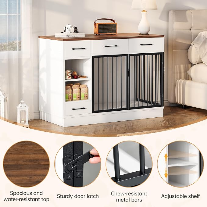 47.2'' Large Dog Crate Furniture with Drawers Wooden | with 3 Storage Drawers, Sturdy, Adjustable Shelf for Small, Medium Dogs