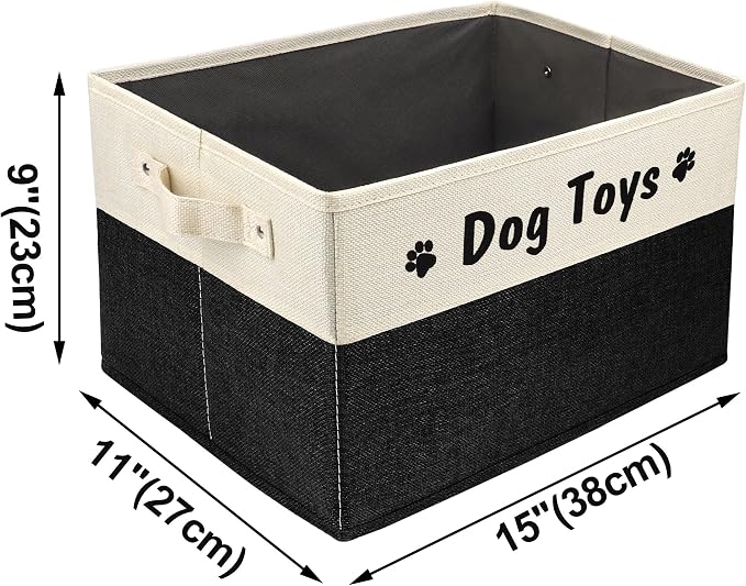 PET ARTIST Dog Toy Basket, Foldable Dog Toy Bin Box for Living Roon Area, Collapsible Storage Basket with Comfortable Handles for Pet Coat, Accessories, Black, 15"x11"x9"