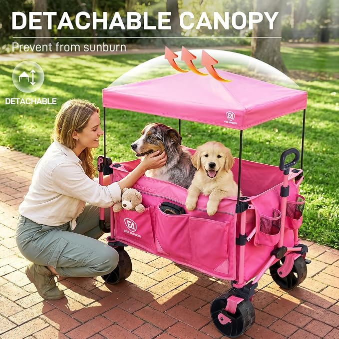 EVER ADVANCED Folding Push Wagon with Canopy, Shopping Cart with Brakes | Portable Collapsible Wagon Cart with All-Terrain Big Wheels for Camping, Beach, Sports