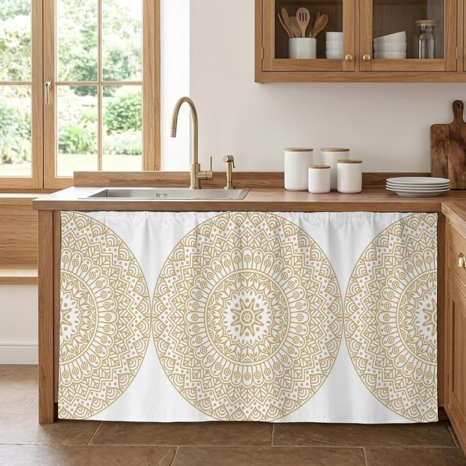 Beige Boho Cabinet Curtain 28"Wx51"L,Dustproof Storage Cabinet Curtain with Self Adhesive Tape,Retro Farmhouse Ethnic Abstract Geometric Art Pantry Cover Drape for Kitchen,Laundry Room,Utility Closet