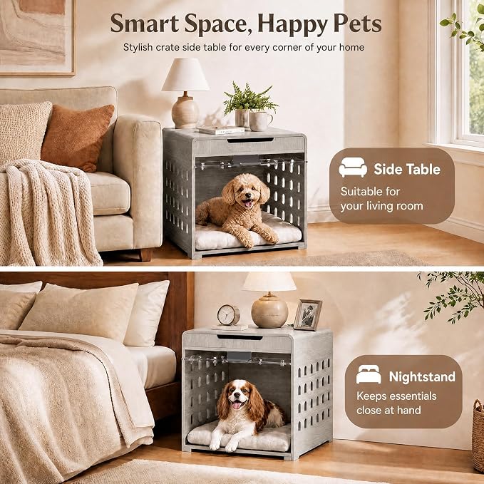 Modern Dog Crate Furniture Wooden Kennel Charging Station End Table Grey | Nightstand, Dog Cage Indoor, up to 50 lb, with Flip-Up Acrylic Door, Storage Drawer, Medium Small Dogs, Living Room Bedroom