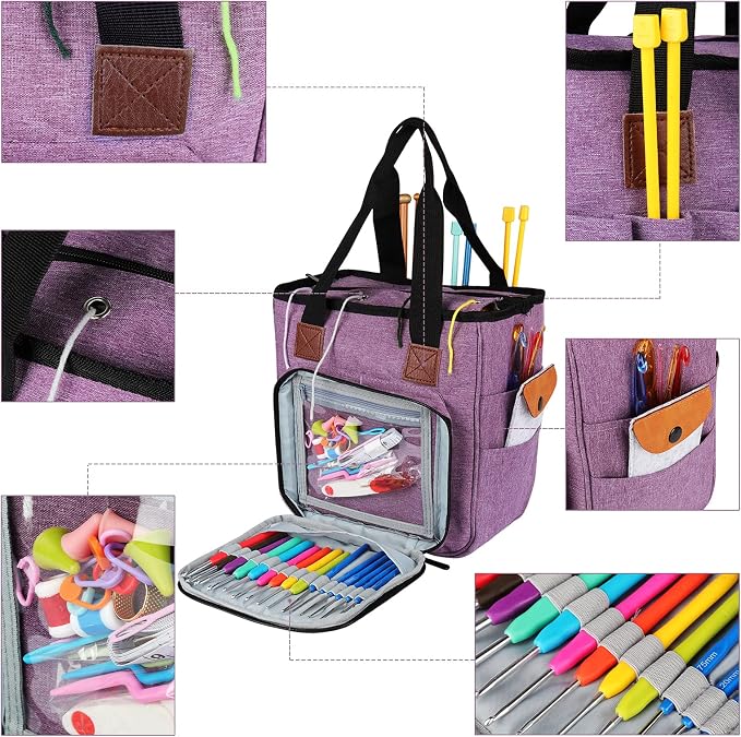 Coopay Crochet Bag w/Shoulder Strap, Yarn Storage Knitting Tote Bag-Purple | Portable Traveling Crochet for Crocheter, Large Capacity Storage Crochet Supplies Yarn Organizers Unfinished Project