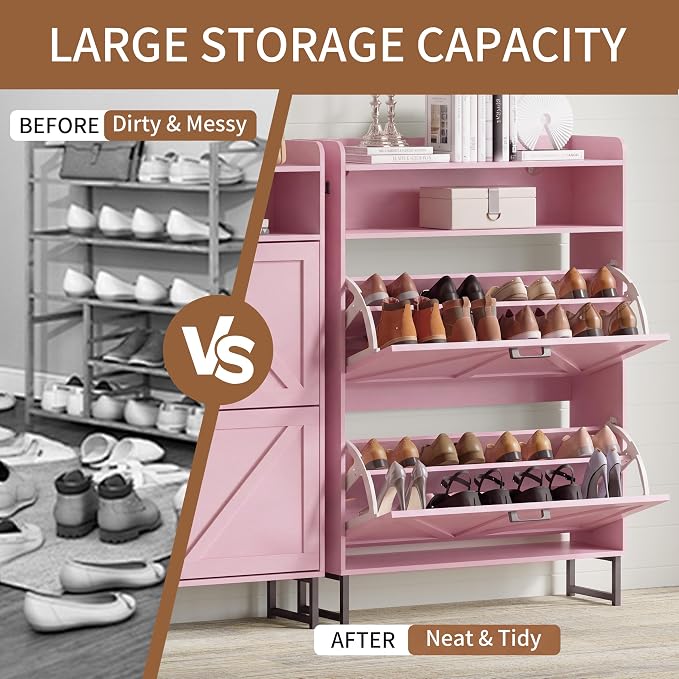 Xixini Shoe Storage Cabinet with 2 Flip Drawers, Entryway Shoe Rack, Pink | Freestanding Narrow Shoe Storage, Hidden Slim Wood Shoe Organizer, Modern Farmhouse, Open Storage & Hooks for Closet, Hallway
