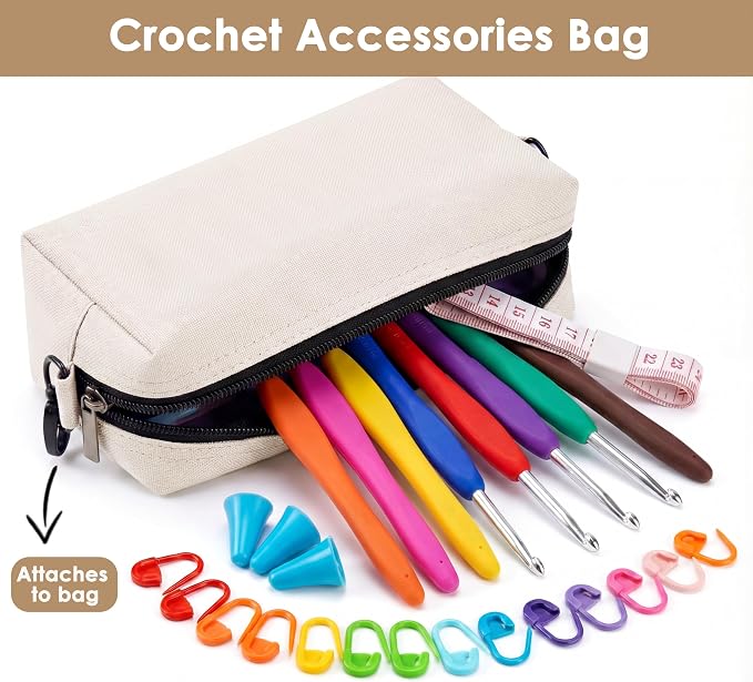 Expandable Crochet Bag Organizer, Yarn Knitting Storage, White | Sturdy Light Yarn Tote, Multiple Pockets and Yarn Holes, with Accessories Pouch shoulder strap, Portable, Gift for Crafters