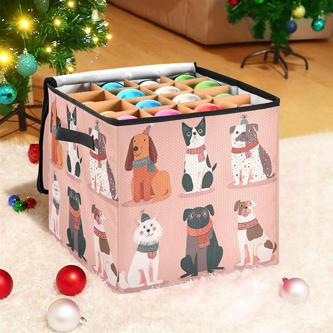 OTVEE Christmas Ornament Storage Box Holiday Decoration Organizer Stores upto 64 Holiday Ornaments Adjustable Dividers Tear-Proof Fabric Christmas Pet Design