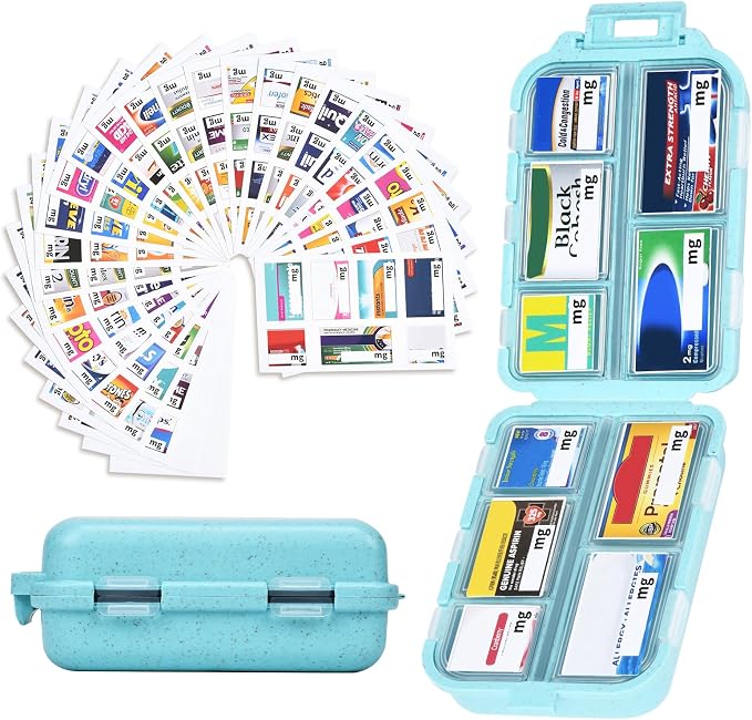 Large Blue Pill Organizer with 189 Labels, Travel Pill Case for Women (1 Pack)