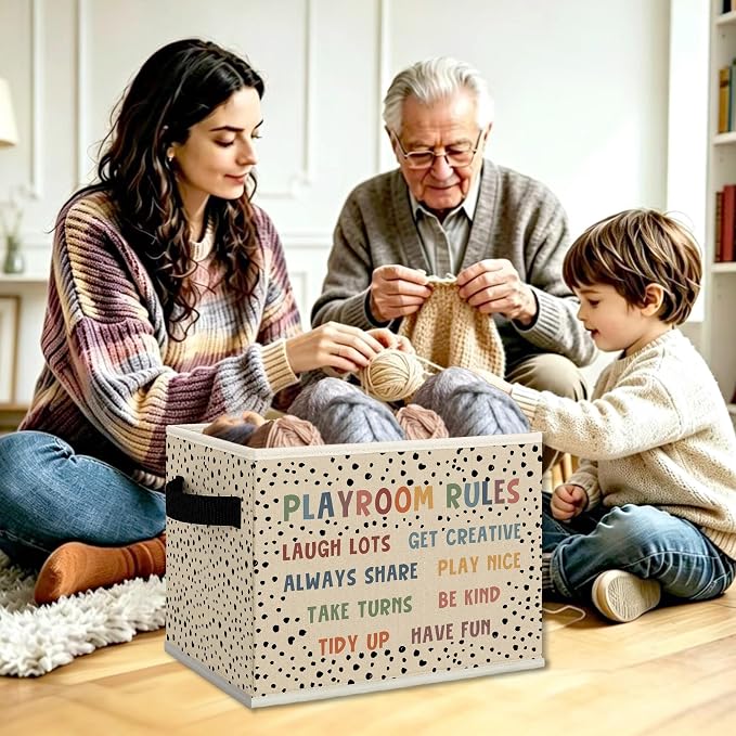 Boho Nursery Playroom Cube Storage Bins with Handles, Playroom Rules Collapsible Fabric Storage Basket Boxes Books Clothes Organizer for Kids Boys Girls Room Bedroom Playroom Bathroom