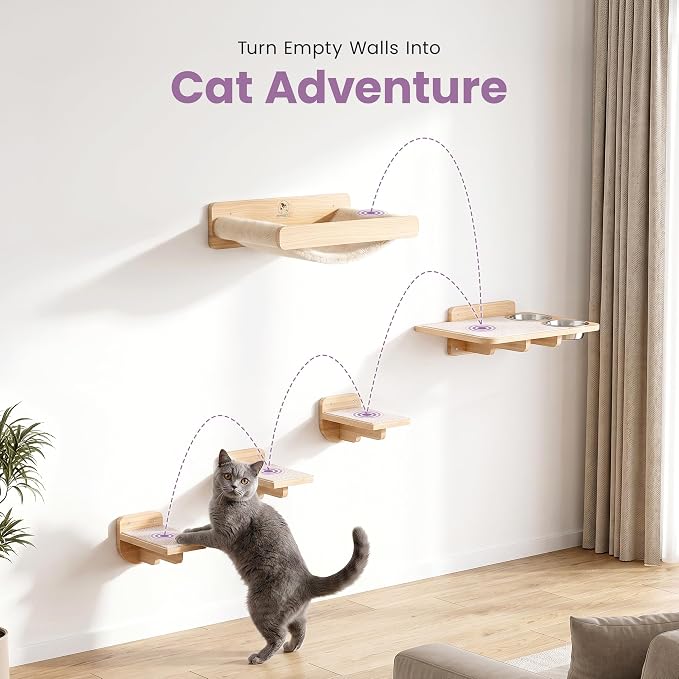 Cat Wall Shelves - Wall Mounted Cat Shelves with Feeding Station | Solid Pinewood, Beige Carpet, Supports Up to 33 lbs, Stainless Bowls, Dog-proof, Lounging, Climbing