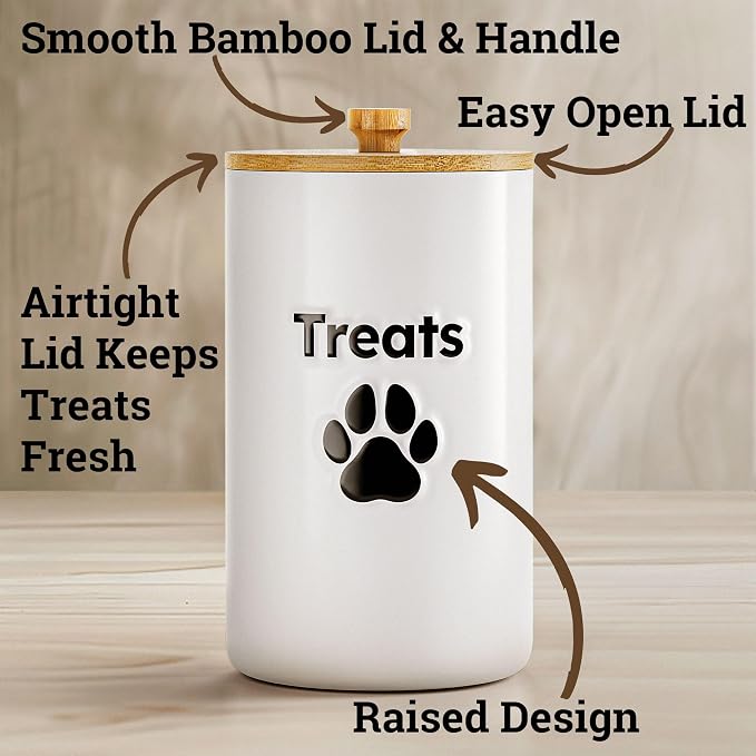 Ceramic Dog Treat Container Airtight with Bamboo Lid, 5"W x 9"H, 7 Cups | Sturdy Durable Ceramic, Airtight Rubber-Lined Bamboo Lid, Food Safe, Fits Most Popular Treats, 7 Cup Capacity, Easy to Wash