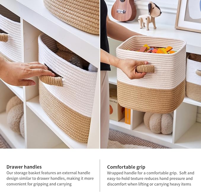 R RUNKA Storage Cube Baskets for Organizing -3 Pack -11 inch Square Baskets for Cube Storage, Closet Storage Bins-Woven Cube Storage Bins for Shelves- Ideal for Toy Storage |White & Khaki