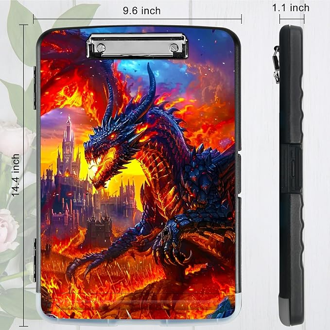 Castle Flaming Dragon A4 Clipboard with Storage Pen Holder, Clipboards Organizer Nursing Clipboard Foldable File Folder Plastic Clipboard Folio Clip Board for Office Students Classroom