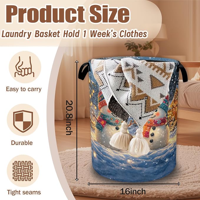 Cute Snowman Laundry Basket,Christmas Laundry Hamper Waterproof Oxford Cloth Tote Bag,Clothes Storage Bucket Decorative Toy Organizer for Bathroom Bedroom 16" x 20.8"