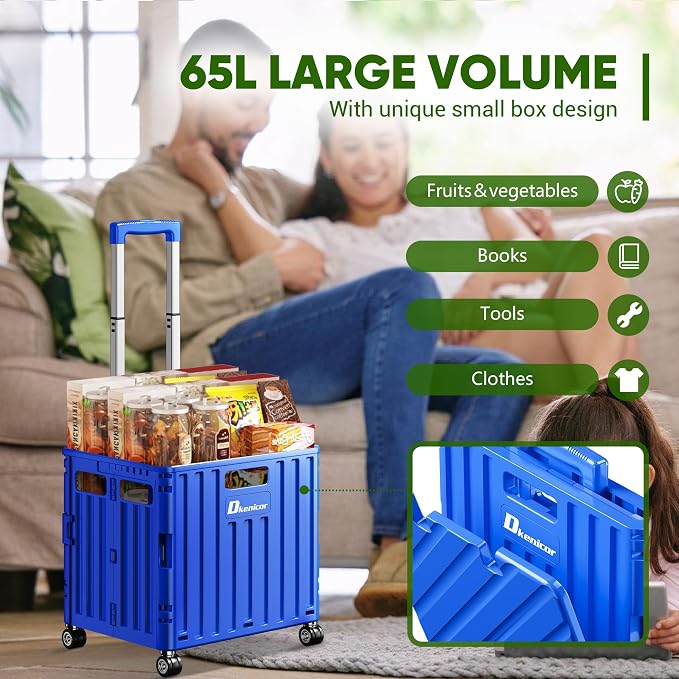 Folding Utility Cart with Lid, Portable Rolling Crate Handcart Collapsible Shopping Trolley, Durable Plastic Foldable Tool Basket with 4 Rotate Wheels for Grocery, Office, Luggage, School - Blue