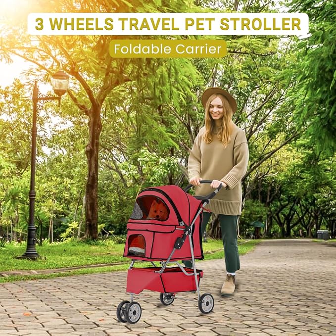 Stroller for Pet Stroller Dog Cat Jogger Stroller for Medium Small Dogs Cats Folding Lightweight Travel Stroller with Cup Holder，Red