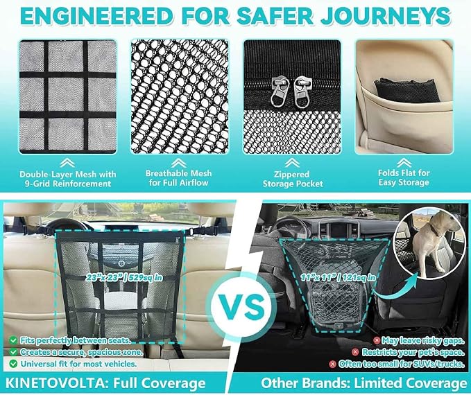 Dog Car Barrier for VW Caddy 2003-2020, Pet Net Organizer | Front Rear Seat Mesh Divider | Breathable Safety Partition | Travel Fence Adjustable Straps | Storage Pockets | Secure Hook