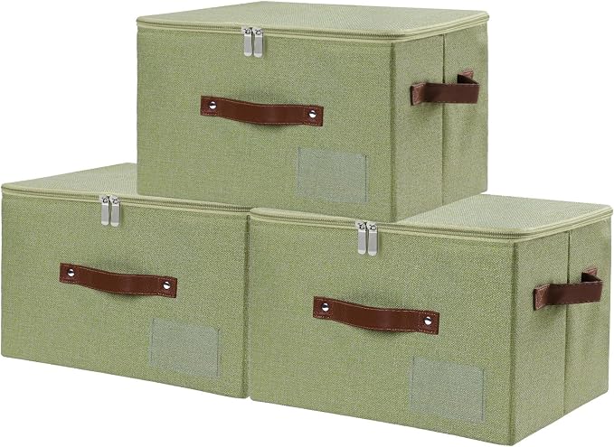 ANMINY Storage Box Fabric Bins with Zipper Lid, 15"x10"x10" Green 3PCS | Keepsake Box, Decorative, Cotton Linen, Reinforced PP Board Frame, Washable, Stackable & Foldable, Label Holder & PU Handles