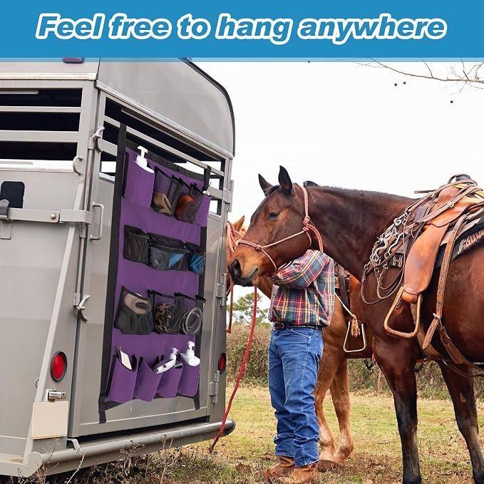 Riakrum 2 Pcs Horse Trailer Grooming Bag Hanging Horse Door Caddy Trailer Organizer Storage(Fresh,39 x 23 Inch) | Hanging Door Organizer for Trailer Stable, Mesh Pockets for Brushes Tools, Waterproof Fabric, Easy Install with Hooks