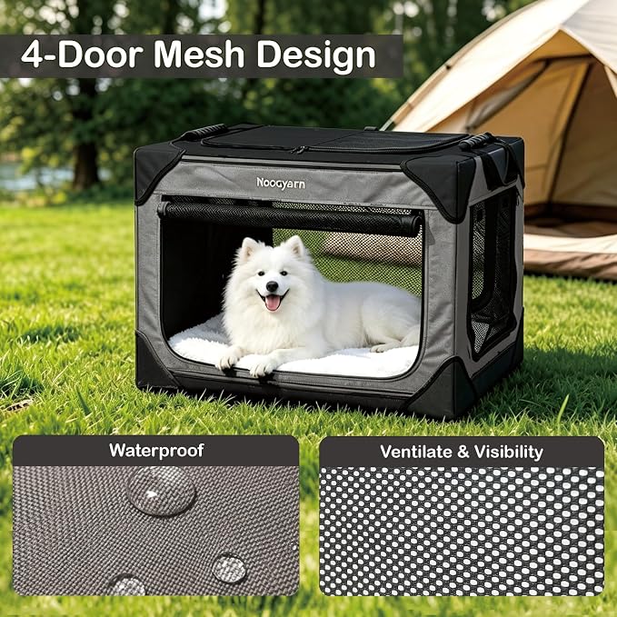 30" L Collapsible Dog Crate for Medium Dogs, Soft Pet Crate with 4-Door Mesh, Portable Dog Kennel for Travelling, Dark Grey