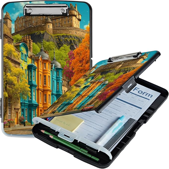 A4 Clipboard with Storage Pen Holder, Clipboards Organizer Nursing Clipboard Foldable File Folder Plastic Clipboard Folio Clip Board for Office Work Classroom Doctor, Castle Maple Tree
