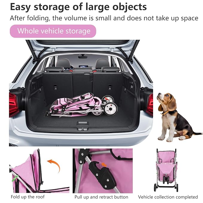 FDW 3-Wheel Pet Stroller Foldable Dog Cat Jogger Stroller Durable Travel Folding Carrier with Storage Basket Cup Holder,Peach Pink